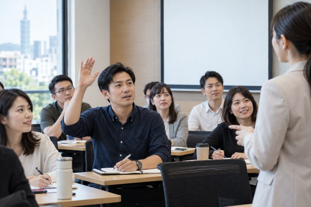 工作年齡的成人學員在課堂舉手學習