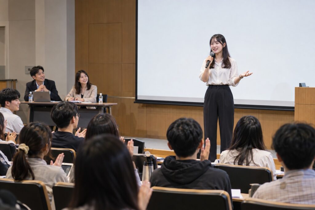 年輕大學生上台簡報，同齡觀眾參與競賽